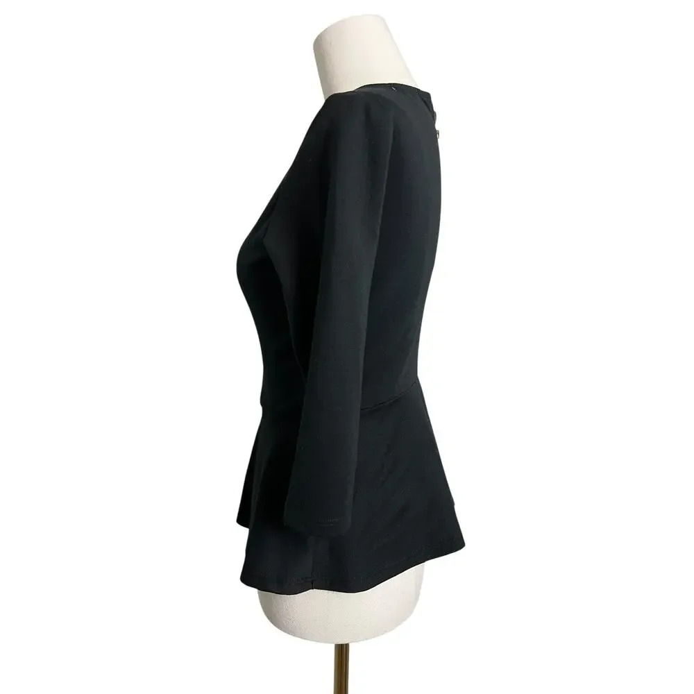 Bar III Blouse Womens XS Black Peplum 3/4 Sleeve Exposed Zip Knit Stretch Top